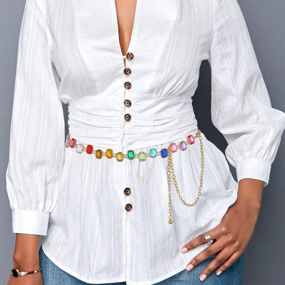 Rainbow Belt Chain Colorful Waist Chain Rhinestone Gold Jewelry for Women